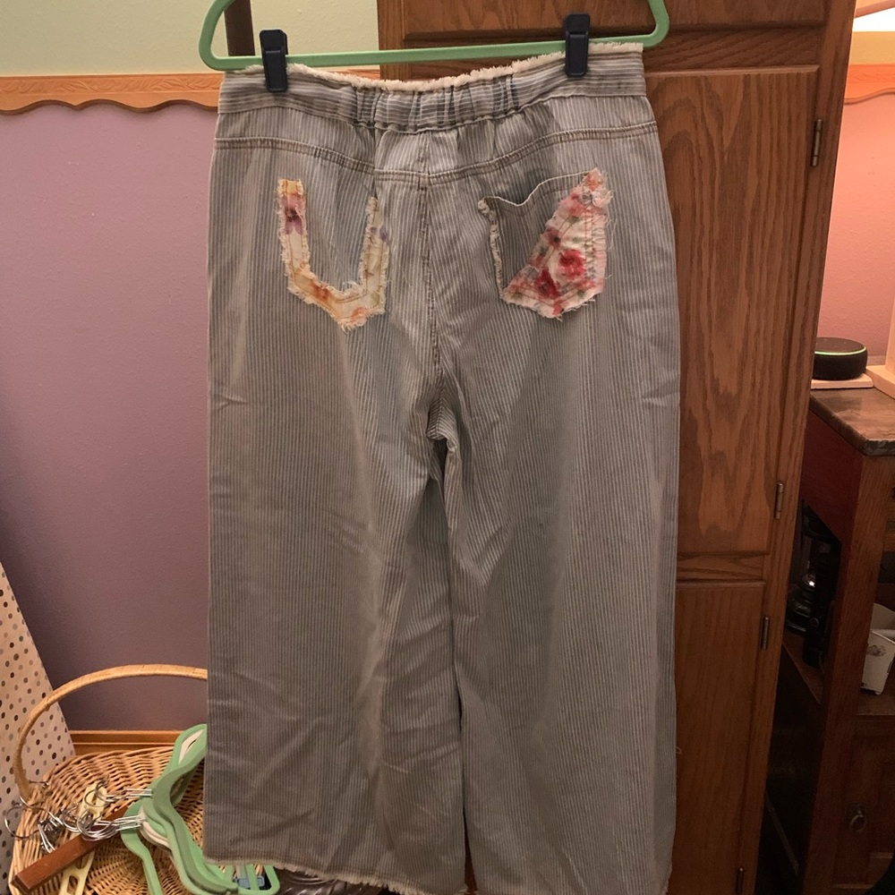 POL Striped Flare Jeans with Floral Patches